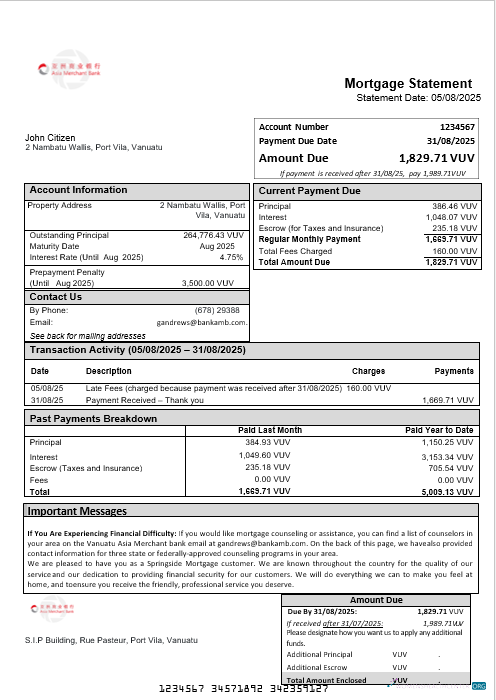 Download Vanuatu Asia Merchant bank mortgage statement in Word and PDF formats Photoshop template